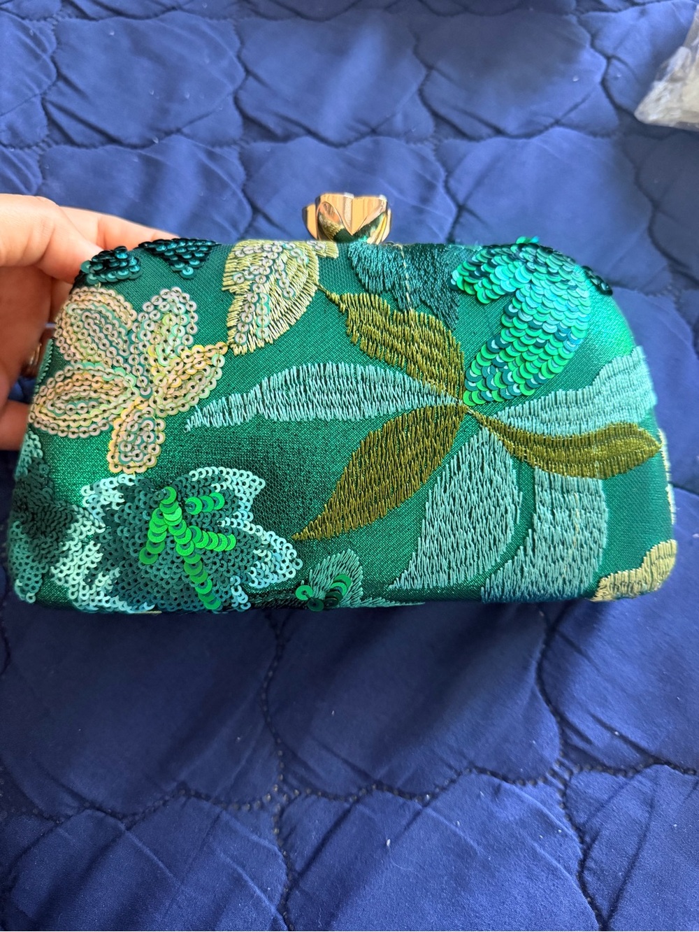 Green Floral Sequin Embroidered Women’s Clutch